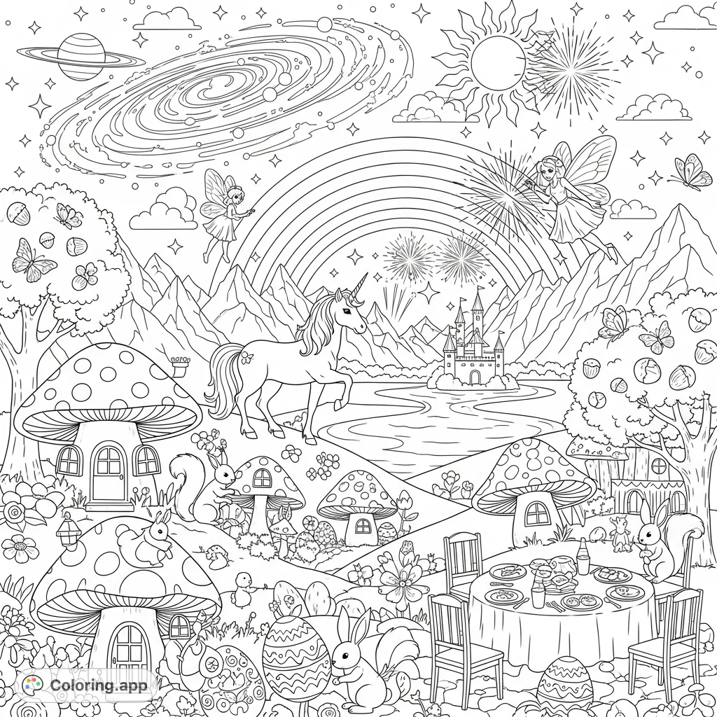 Embark on a magical coloring journey through a fantastical world where a unicorn, fairy, and woodland creatures explore a galaxy-inspired landscape with castles and enchanted mushroom homes.