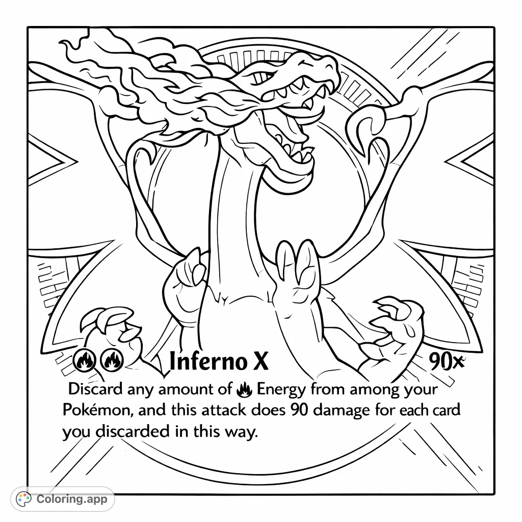 Color a detailed trading card featuring a powerful, winged dragon creature with intricate patterns and bold text. A fan-favorite collectible character.
