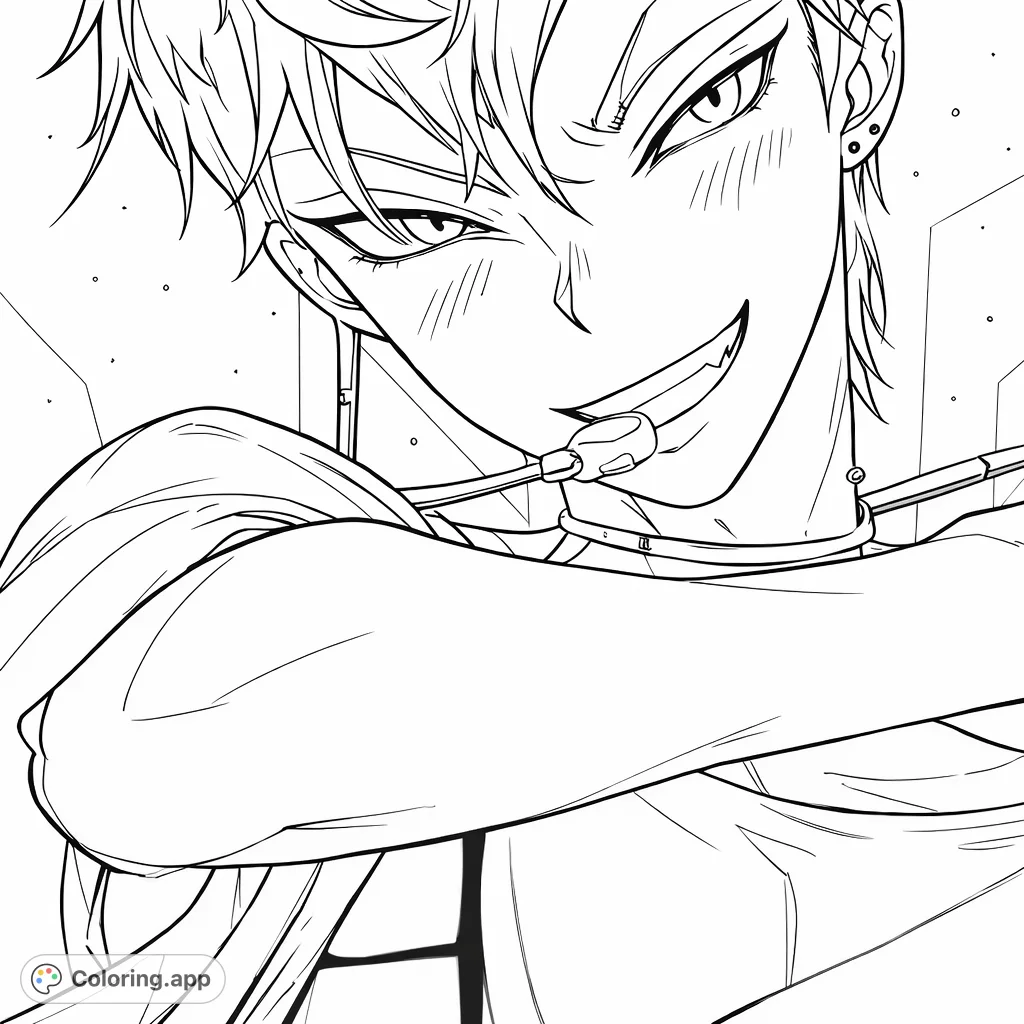 Capture the cool, confident vibe of this anime male character with a smirk, spiky hair, and unique tech-inspired collar. Perfect for fans of manga art!