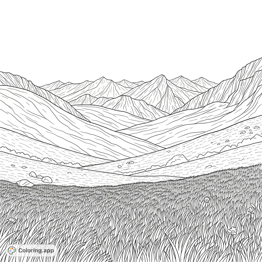 Explore a serene mountain meadow coloring page, featuring rolling hills blanketed in tall grass with majestic peaks in the distance. A free printable mountain coloring page for all ages.