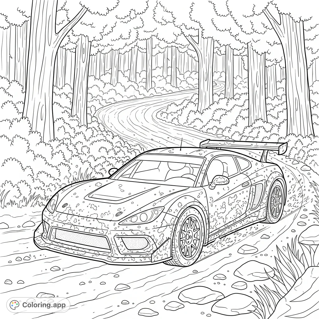 A thrilling race car, covered in mud splatters, speeds along a winding forest path. A dynamic scene for exciting coloring.
