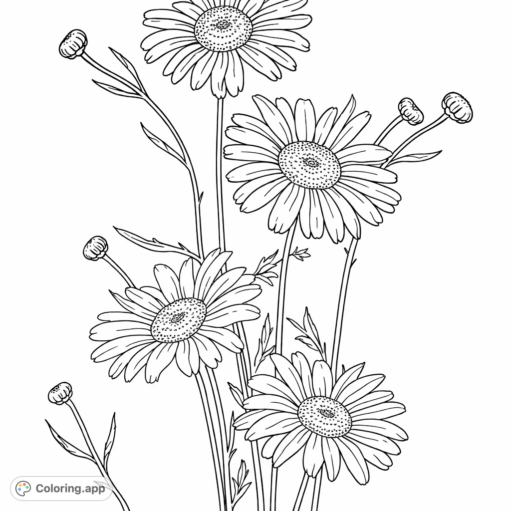 Explore a charming daisy floral coloring page featuring multiple open blooms, slender stems, and budding flowers. Perfect for nature lovers to bring to life with personal touches.