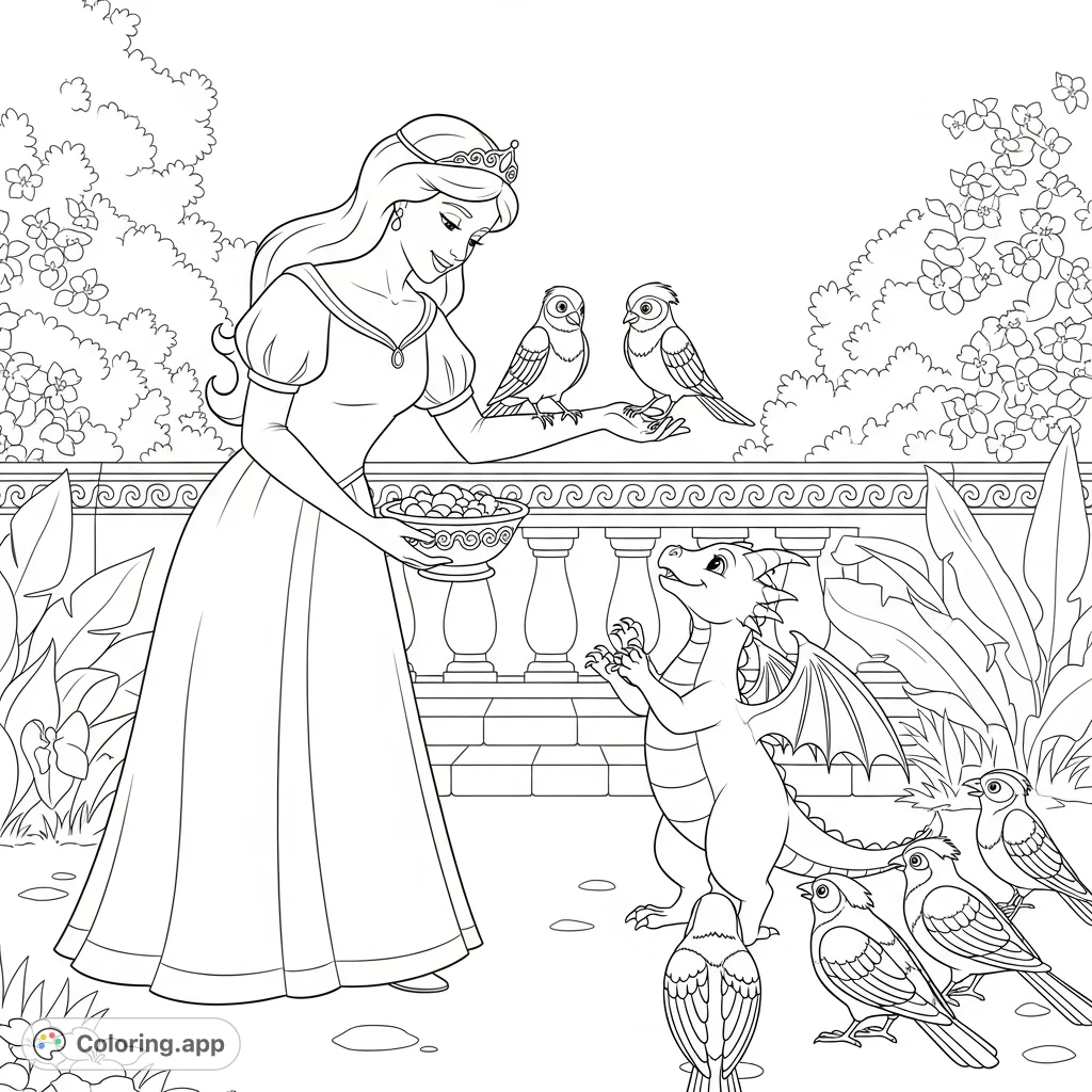 A sweet princess feeds a tiny dragon and friendly birds in a serene garden. This adorable scene is perfect for imaginative young colorists, featuring a princess coloring page.