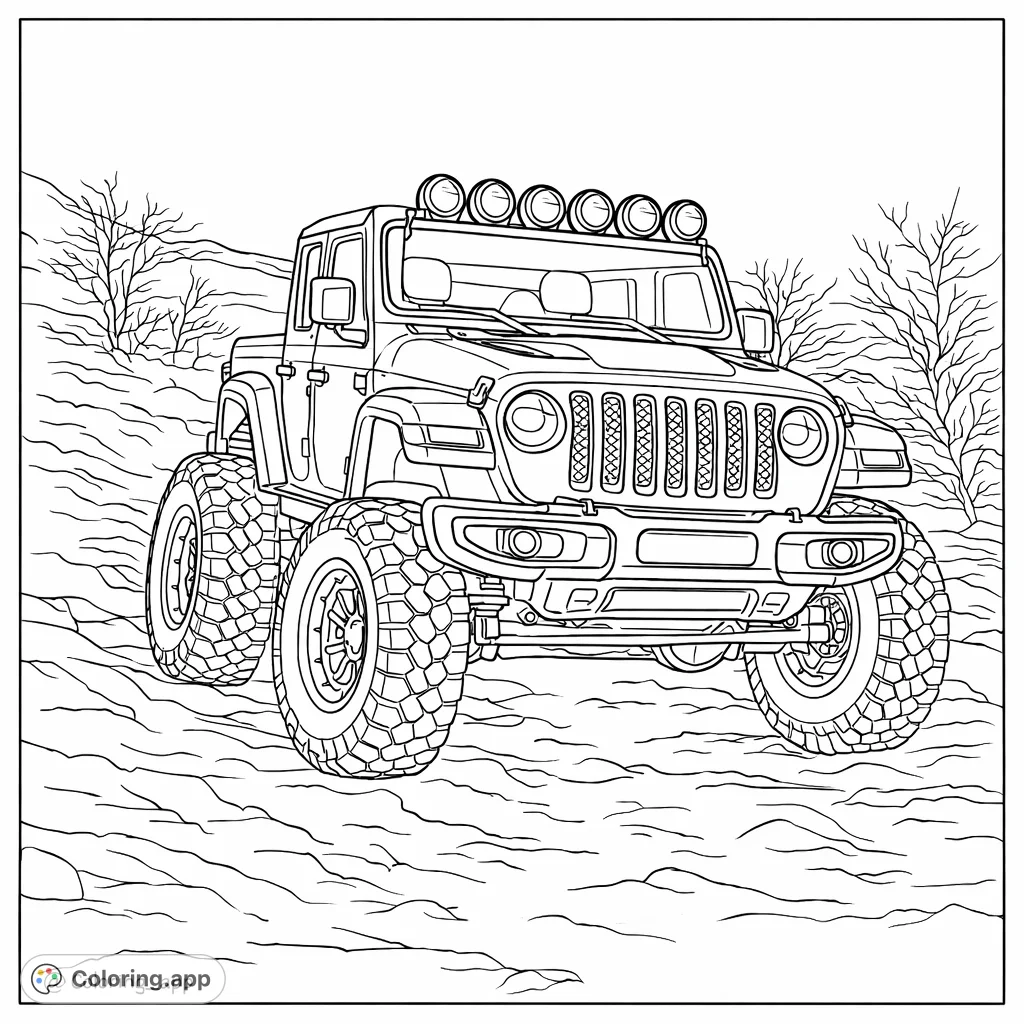 An exciting off-road vehicle conquering rugged terrain, perfect for adventure enthusiasts to customize. This off-road vehicle coloring page offers intricate details.