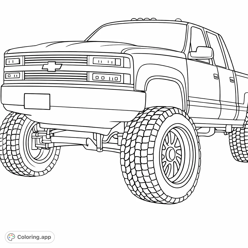 Color this powerful lifted pickup truck with detailed grille, massive tires, and custom wheels. A challenging and rewarding vehicle coloring page!