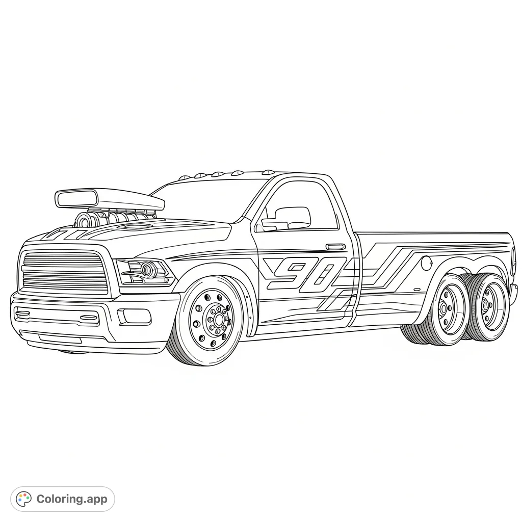 Explore a detailed Ram single cab 3500 dually, slammed low with 26-inch billet wheels, a cowl hood, and classic 90s decals.