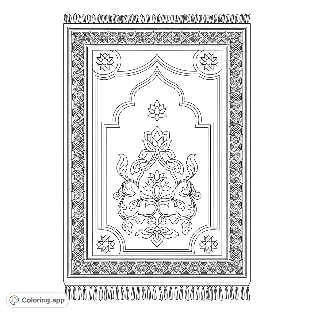 Discover a beautiful prayer rug coloring page with intricate geometric borders and a central floral design, perfect for kids to color and learn.