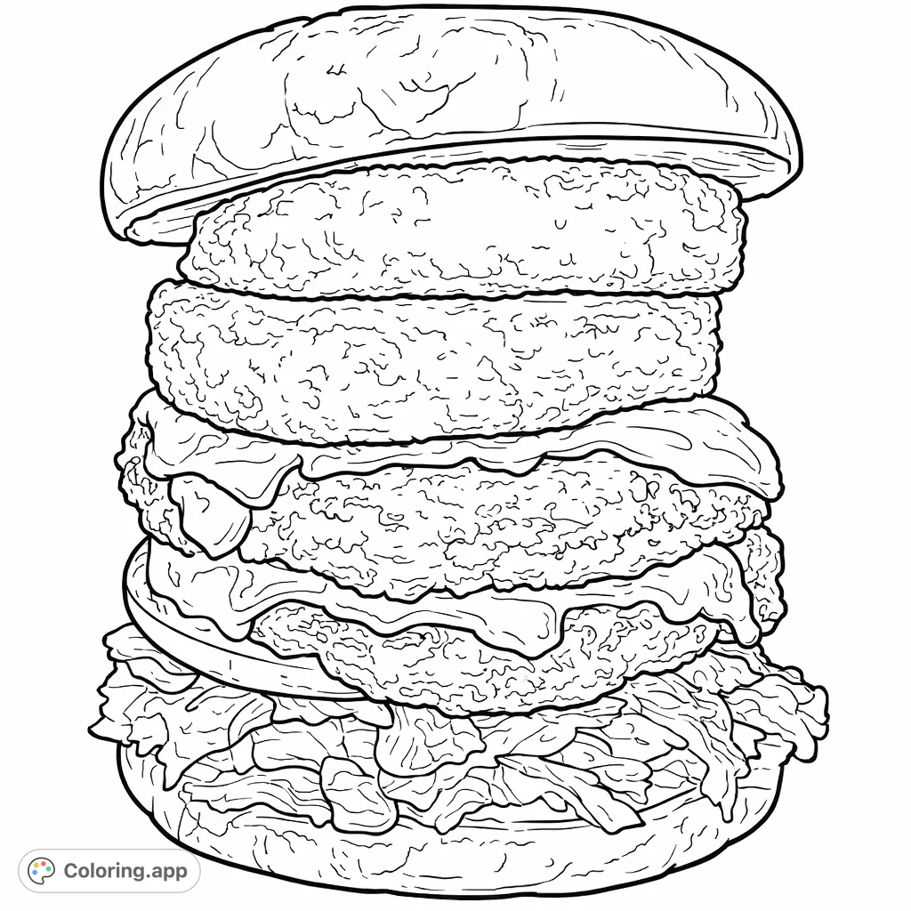Dive into an epic burger creation featuring double patties, melted cheese, crisp veggies, and golden onion rings, all stacked high for a delicious coloring experience.