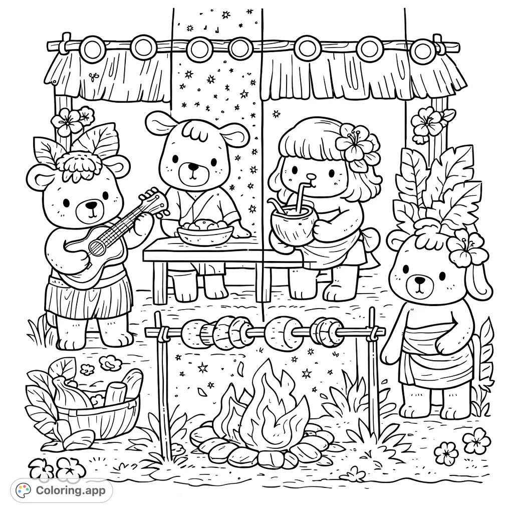 Explore four charming scenes of cute animal friends enjoying a campfire, music, and treats. A delightful adventure for all ages to color.