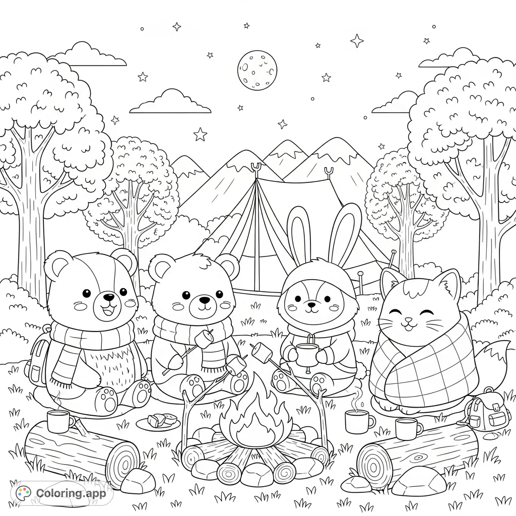 A heartwarming kawaii animals camping scene featuring a bear, rabbit, fox, and cat around a campfire. Filled with cozy details and expressive faces, perfect for all ages.