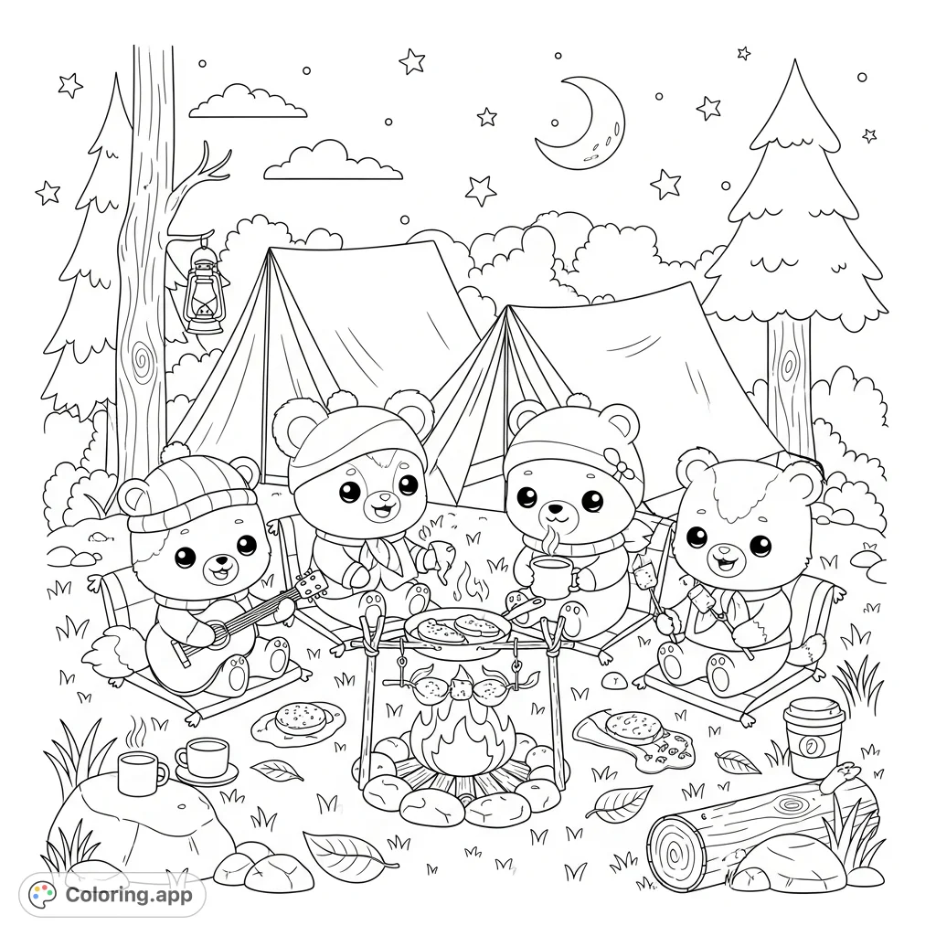 A charming Kawaii Animals camping coloring page featuring four adorable creatures gathered around a cozy campfire in a serene night forest under a starry sky.