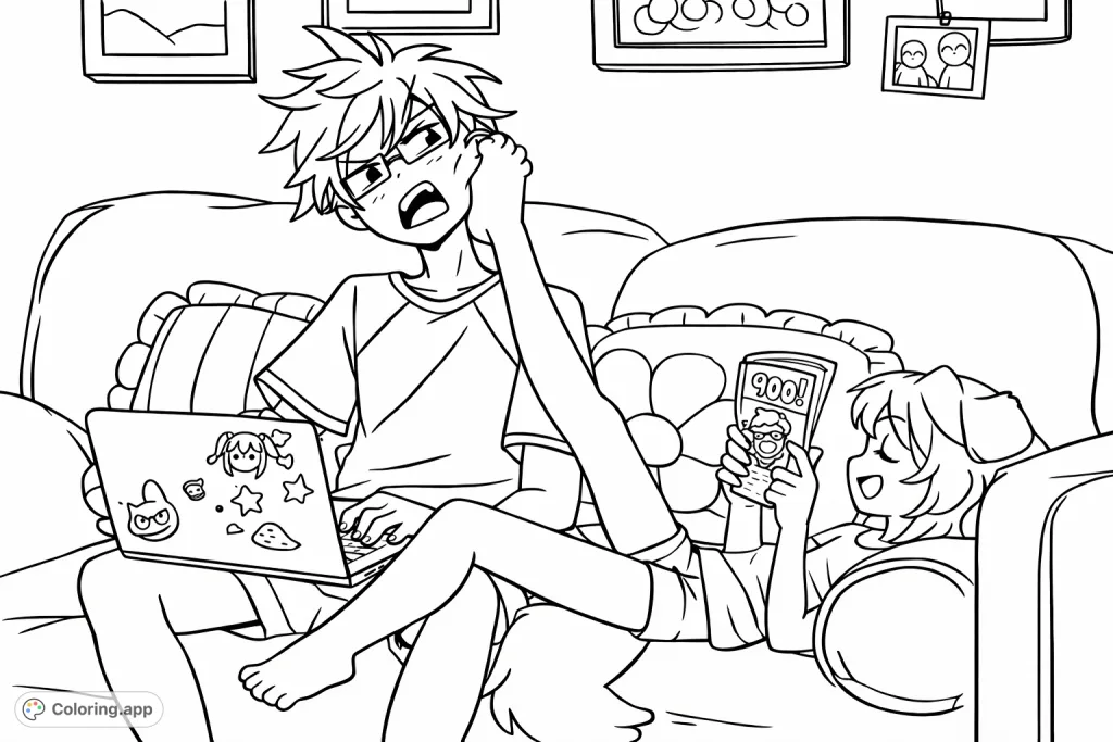A playful scene of two characters on a sofa: one engrossed in a laptop with stickers, the other reading a book, capturing a humorous domestic moment.