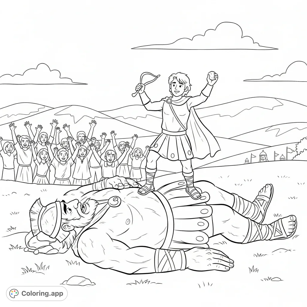 A powerful David and Goliath coloring page featuring the triumphant hero standing over the fallen giant, with a cheering crowd in the background. A symbol of bravery.