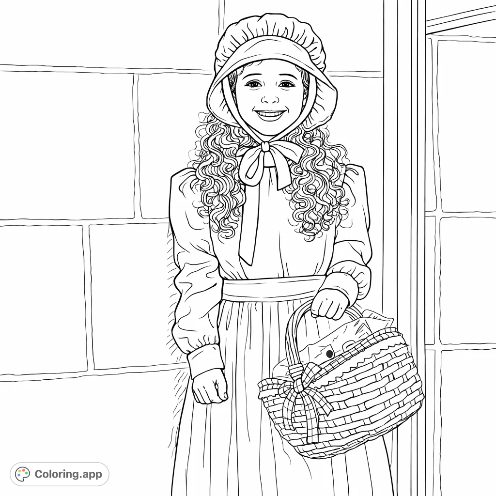 A delightful historical costume coloring page featuring a young girl holding a charming woven basket, perfect for a peaceful and creative coloring experience.