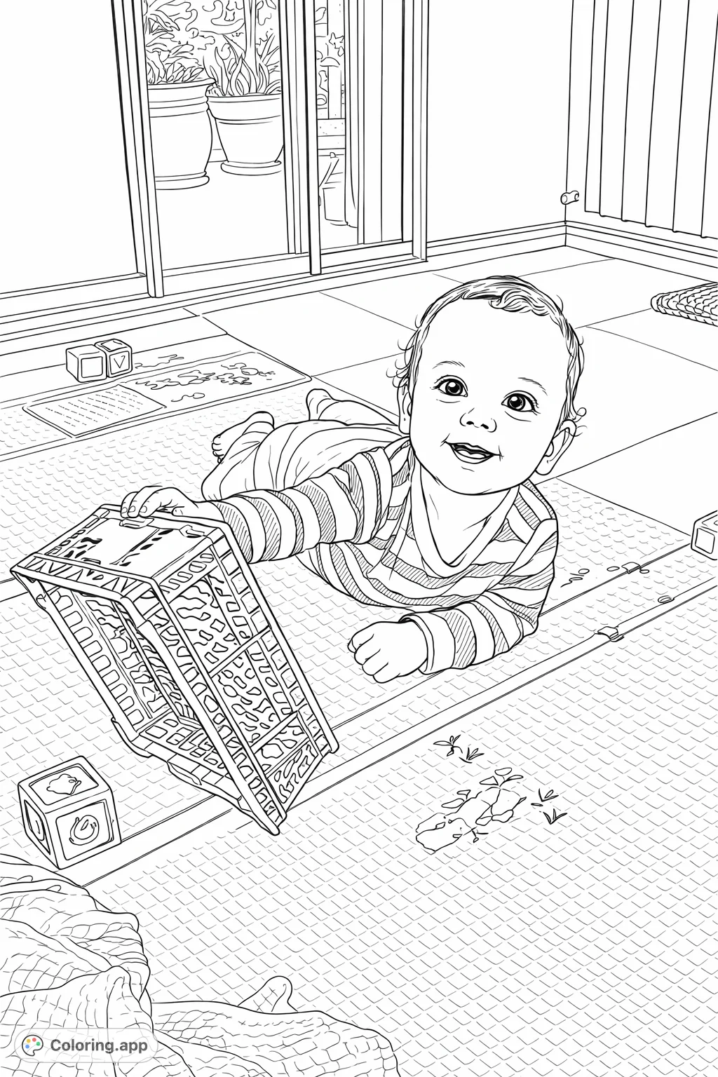 Capture the joy of a smiling baby during playtime on a patterned mat with various toys, including a large crate. A delightful scene for kids to explore.