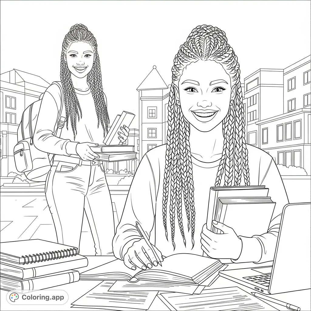 A cheerful college student with long braids, carrying a backpack and books, either walking on campus or studying diligently. A perfect college life coloring page!