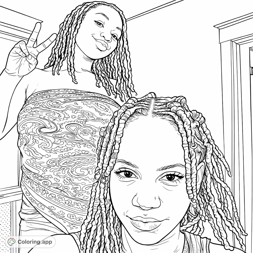Color a lively portrait of two friends with distinctive dreadlocks and a detailed paisley top. Features expressive faces and a fun 'V' gesture.