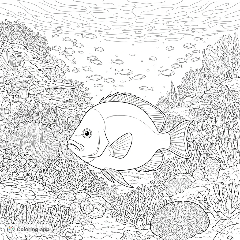 Explore a bustling ocean coral reef with a majestic, big fish. This free printable coloring page is perfect for marine life enthusiasts and offers engaging details.