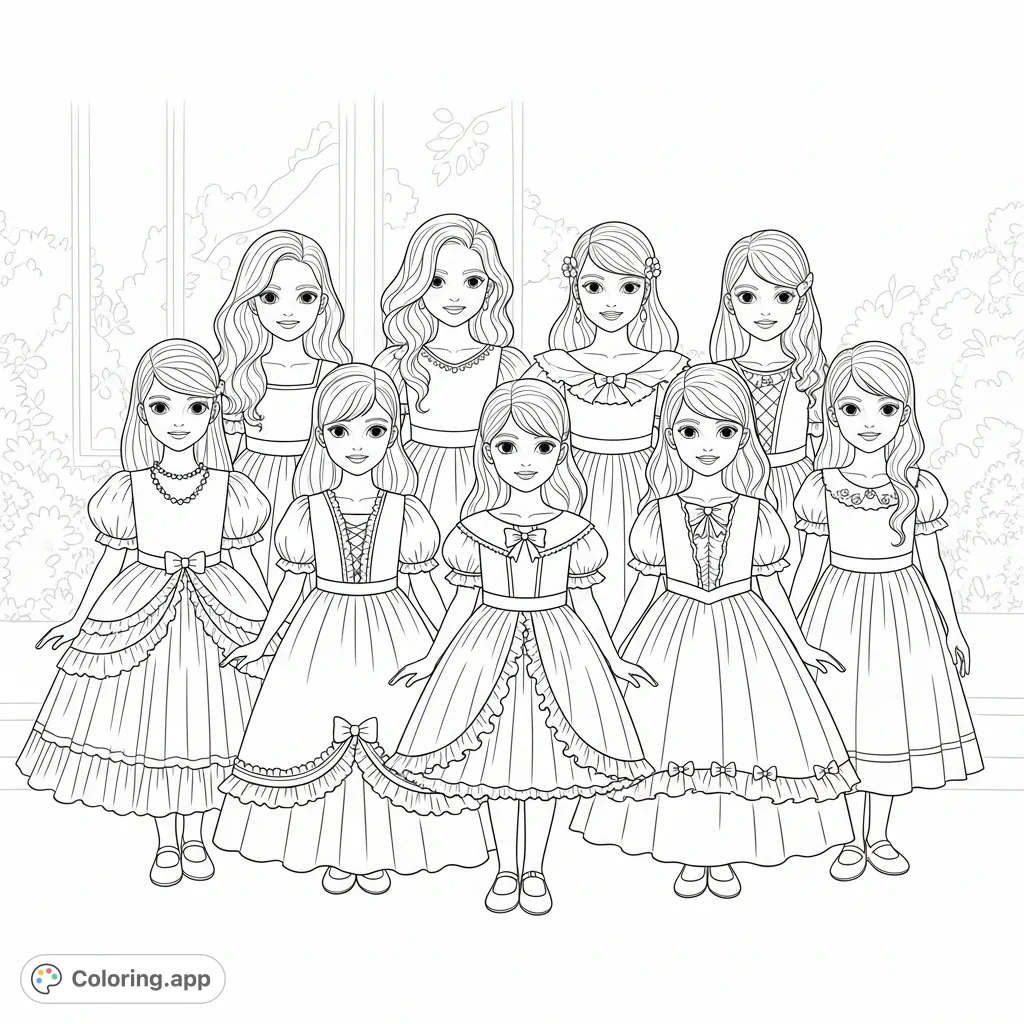 Seven charming young girls, each in a unique formal dress with varied hairstyles, pose elegantly against a delightful backdrop. Perfect for young fashionistas!