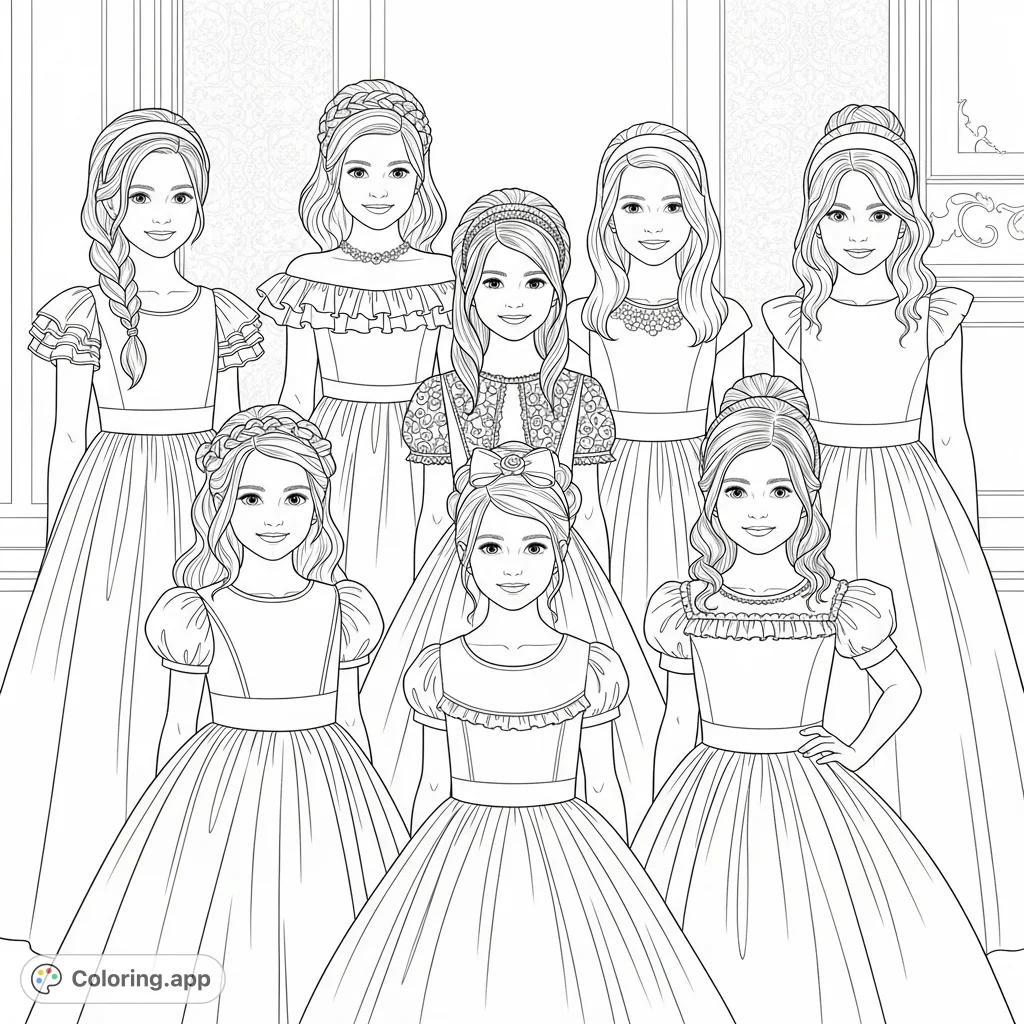 Seven realistic 8-year-old girls in exquisite, unique formal dresses pose elegantly. A detailed coloring page perfect for young fashionistas to explore intricate designs.