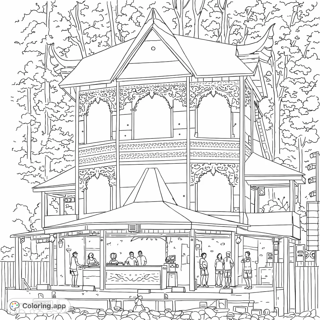 An intricate multi-tiered temple-like structure with ornate carvings and an active stage, set against a backdrop of dense trees. Perfect for detailed coloring.