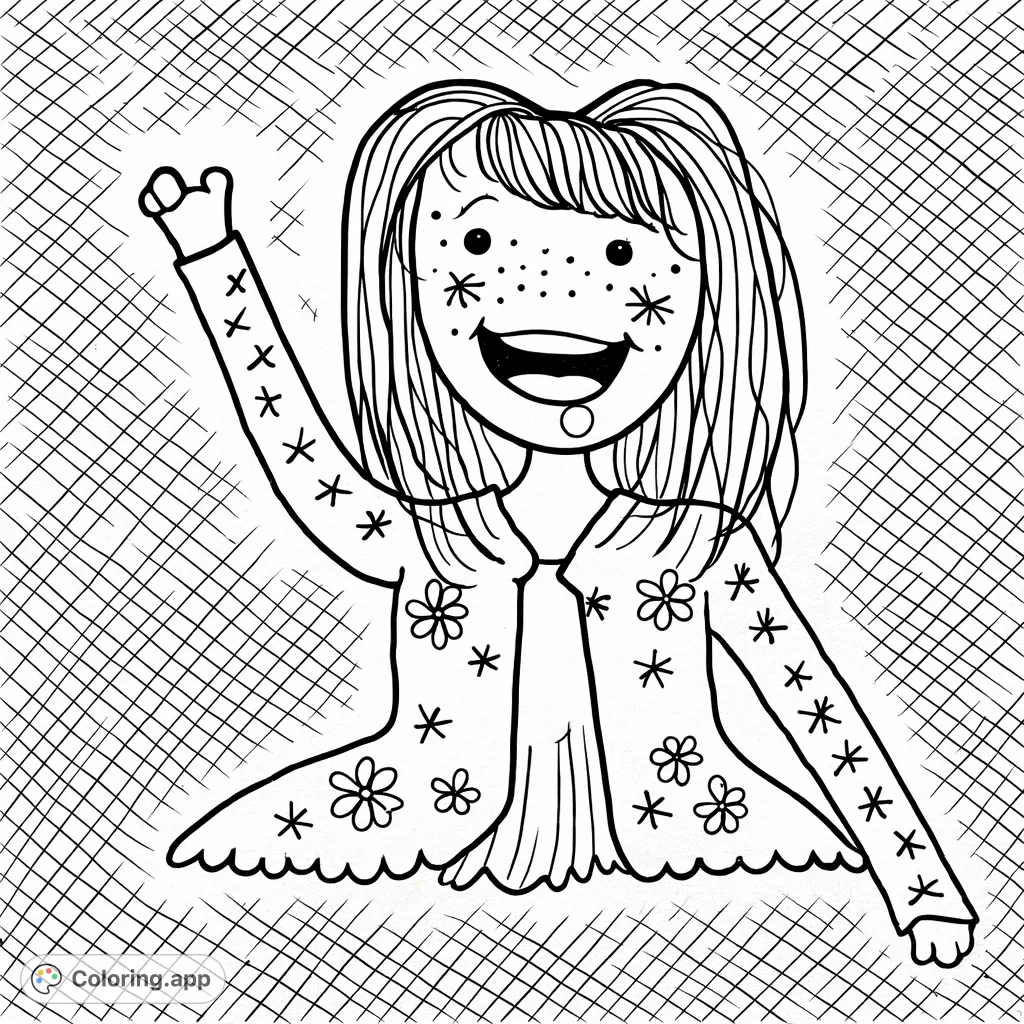 A cheerful figure with flowing hair and a detailed, patterned jacket waves a friendly greeting. Perfect for creative expression and a fun coloring session.