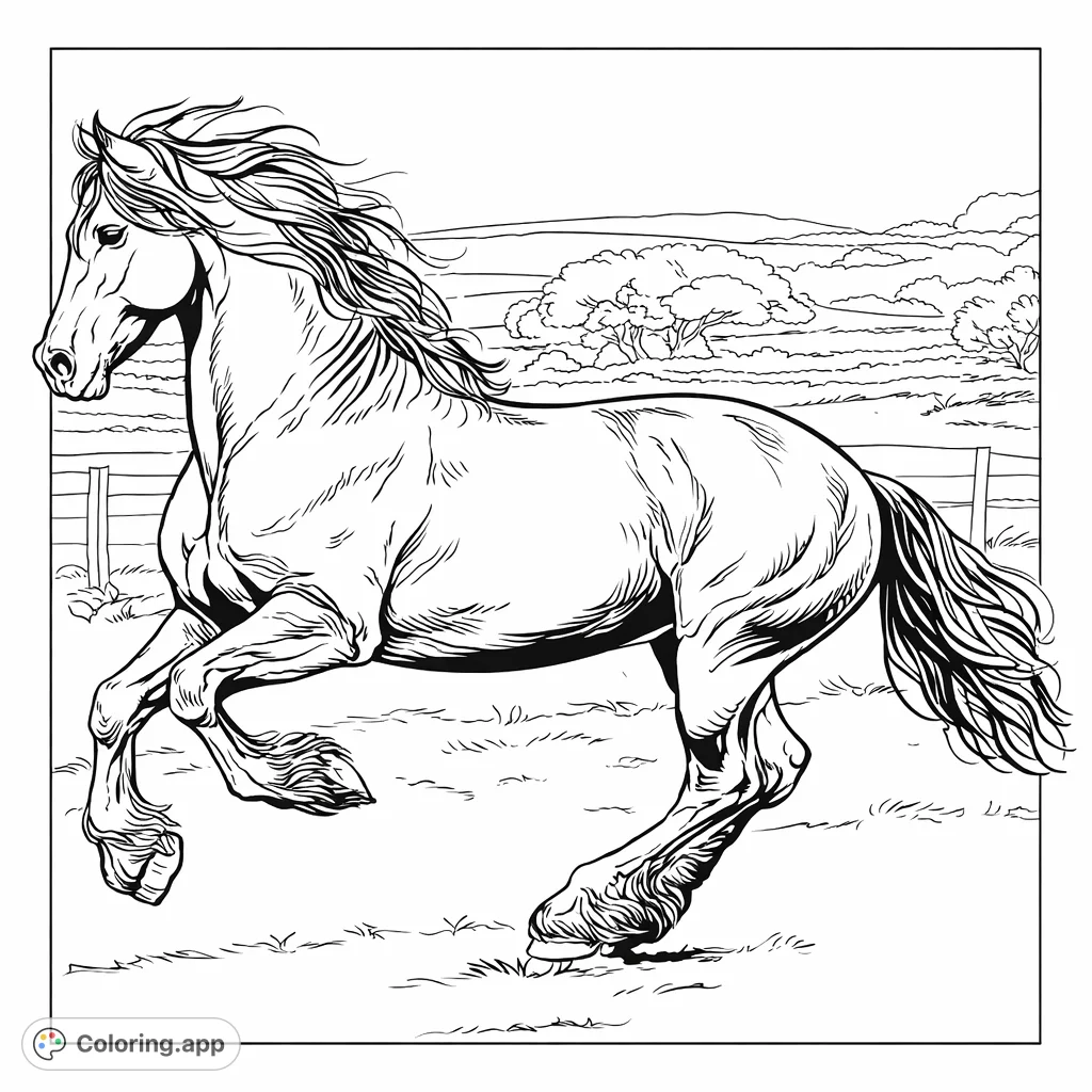 Capture the dynamic energy of a powerful horse in full gallop across an open field. This majestic equine coloring page features flowing mane and tail.