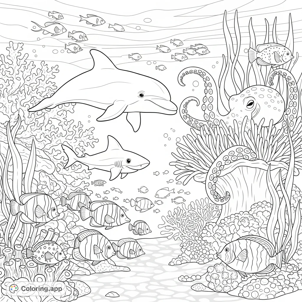 Explore a lively coral reef coloring page, featuring a friendly dolphin, curious baby shark, hidden octopus, and colorful fish among intricate corals.