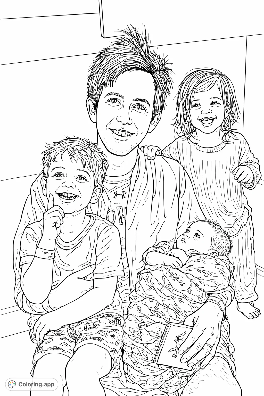 Capture a heartwarming family moment with an adult and three children in a cozy indoor setting. Perfect for celebrating family bonds.