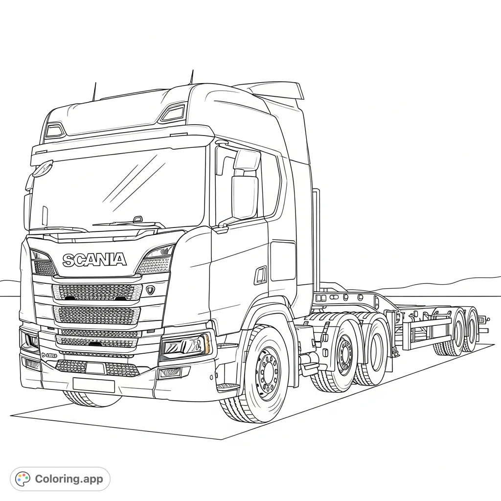 Color a detailed modern Scania truck with a long flatbed trailer, perfect for truck enthusiasts and vehicle fans. A dynamic transport coloring page awaits!