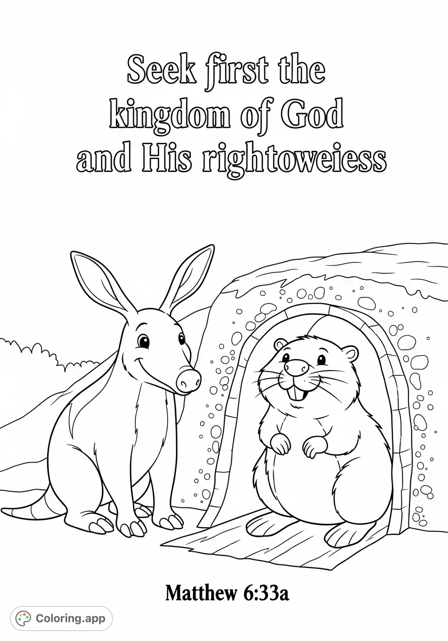Discover a charming scene with a smiling aardvark, beaver, and an inspiring scripture quote. A delightful nature and faith-based coloring page for all ages.