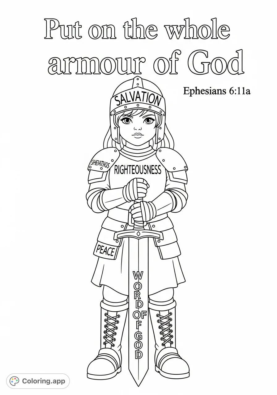 A powerful Armour of God coloring page featuring a girl in detailed spiritual armor, inscribed with "SALVATION," "TRUTH," and...