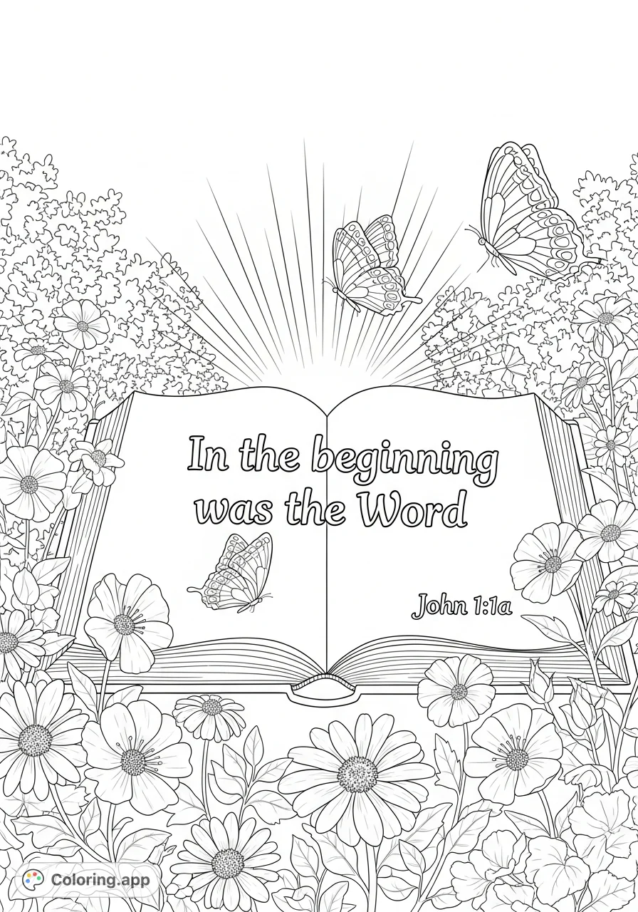 An enchanting Biblical scene coloring page featuring an open book glowing amidst a flourishing garden with flowers and butterflies. Perfect for reflection.