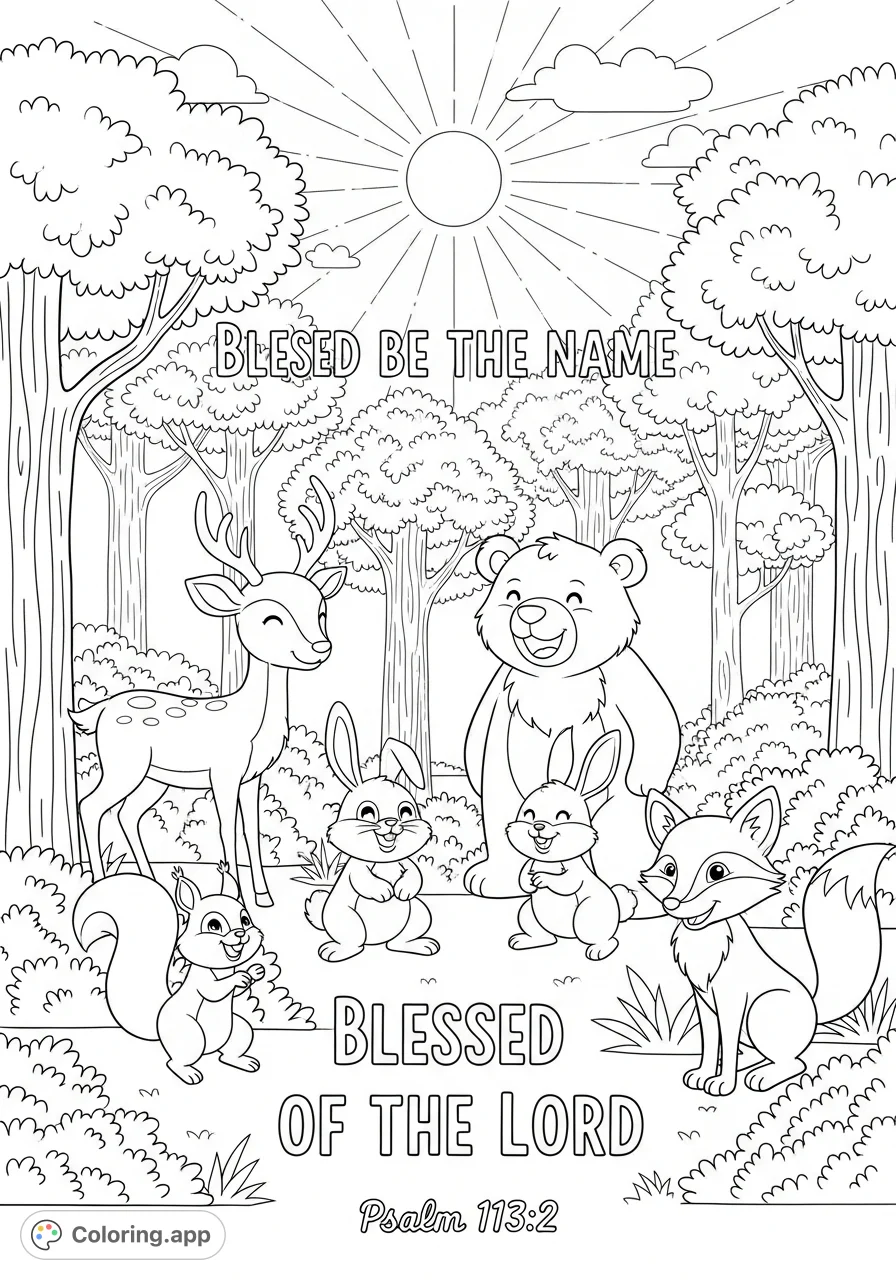 Discover joy with this free printable forest animals coloring page featuring smiling creatures, a peaceful forest, and uplifting scripture. Perfect for all ages!