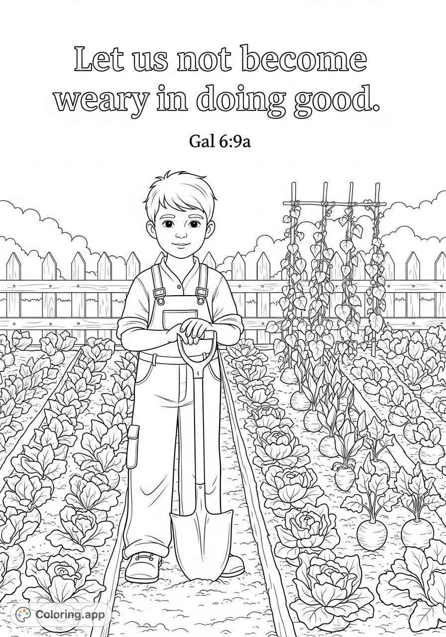 An inspiring garden scene featuring a young boy with a shovel and a powerful scripture, perfect for reflection and creative expression.