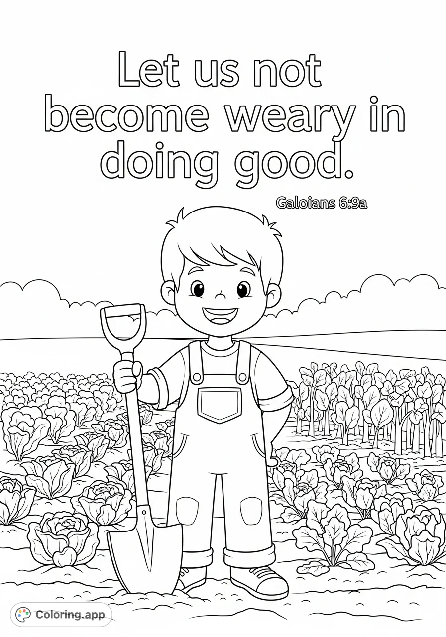 A happy cartoon boy digs in his vegetable garden, accompanied by an uplifting quote, making for an inspiring and fun free printable gardening coloring page.