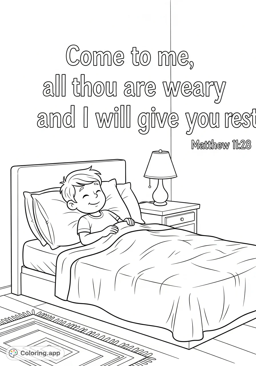 A comforting scripture coloring page featuring a smiling cartoon boy sleeping soundly in his cozy bedroom with inspiring text.