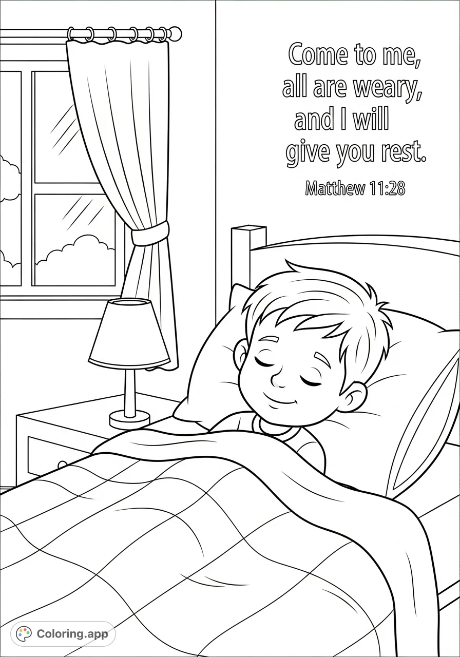 A heartwarming free printable coloring page featuring a smiling boy sound asleep in his cozy bed, surrounded by a serene bedroom and comforting scripture.