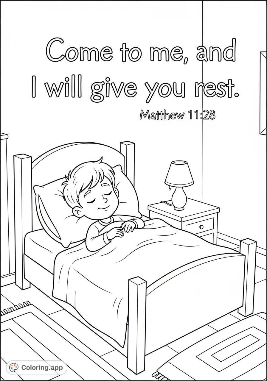 A serene cartoon of a smiling boy asleep in his bed, surrounded by comforting room details and uplifting scripture. Perfect for peaceful reflection and creativity.