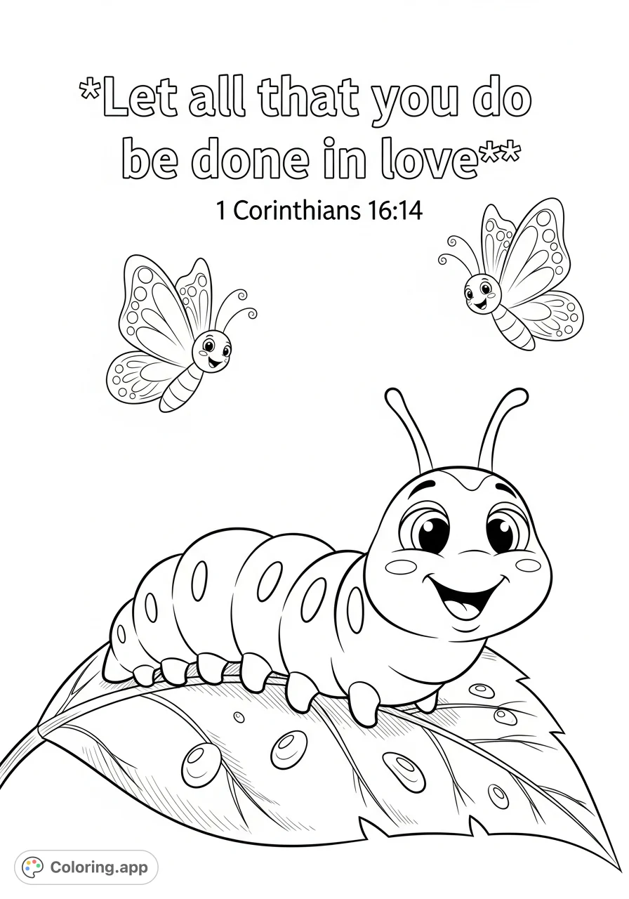 A charming caterpillar smiles on a leaf, accompanied by cheerful butterflies and an inspiring quote, perfect for a peaceful coloring experience.