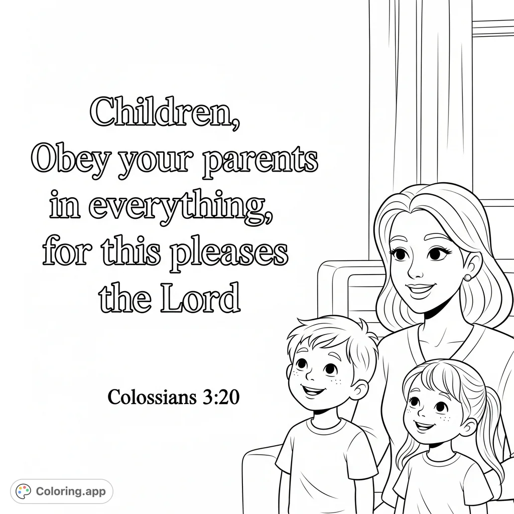 A heartfelt family coloring page with a Bible verse, featuring a smiling mum, boy, and girl. Perfect for teaching values and creativity.
