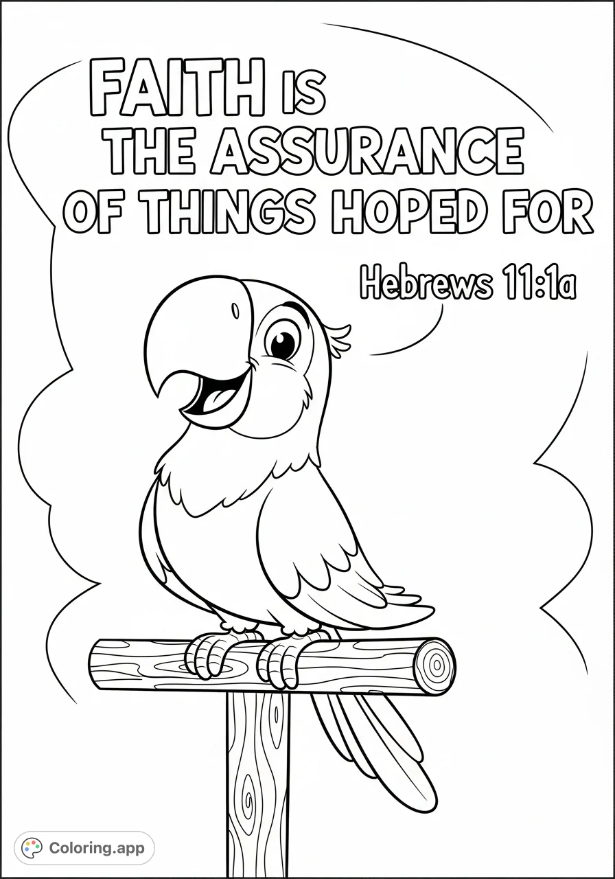 Color a smiling cartoon parrot perched beside inspiring scripture, "Faith is the assurance of things hoped for" (Hebrews 11:1a).