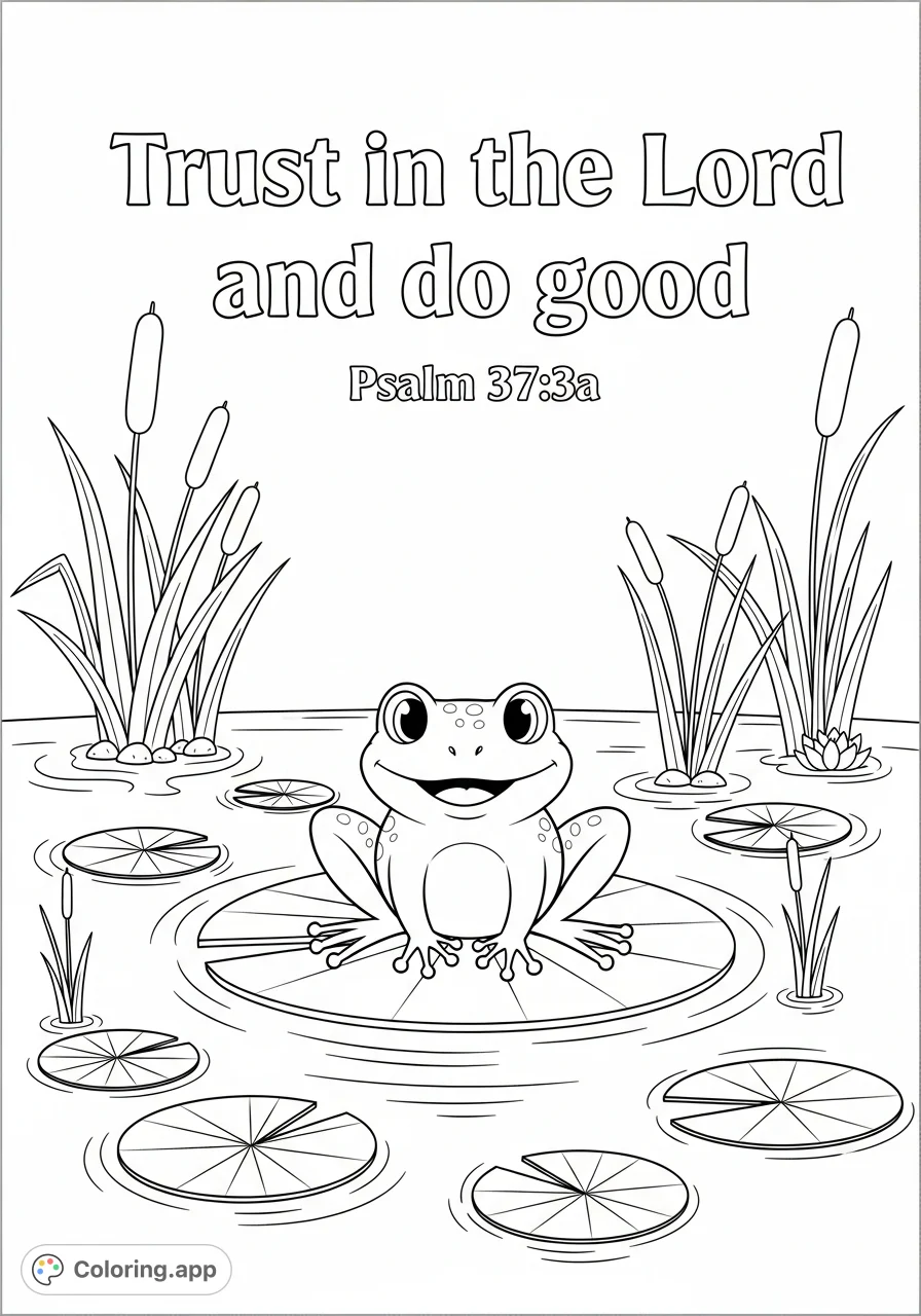 A charming cartoon frog with a gentle smile rests on a lily pad, surrounded by a peaceful pond, featuring inspirational scripture. Perfect for all ages!
