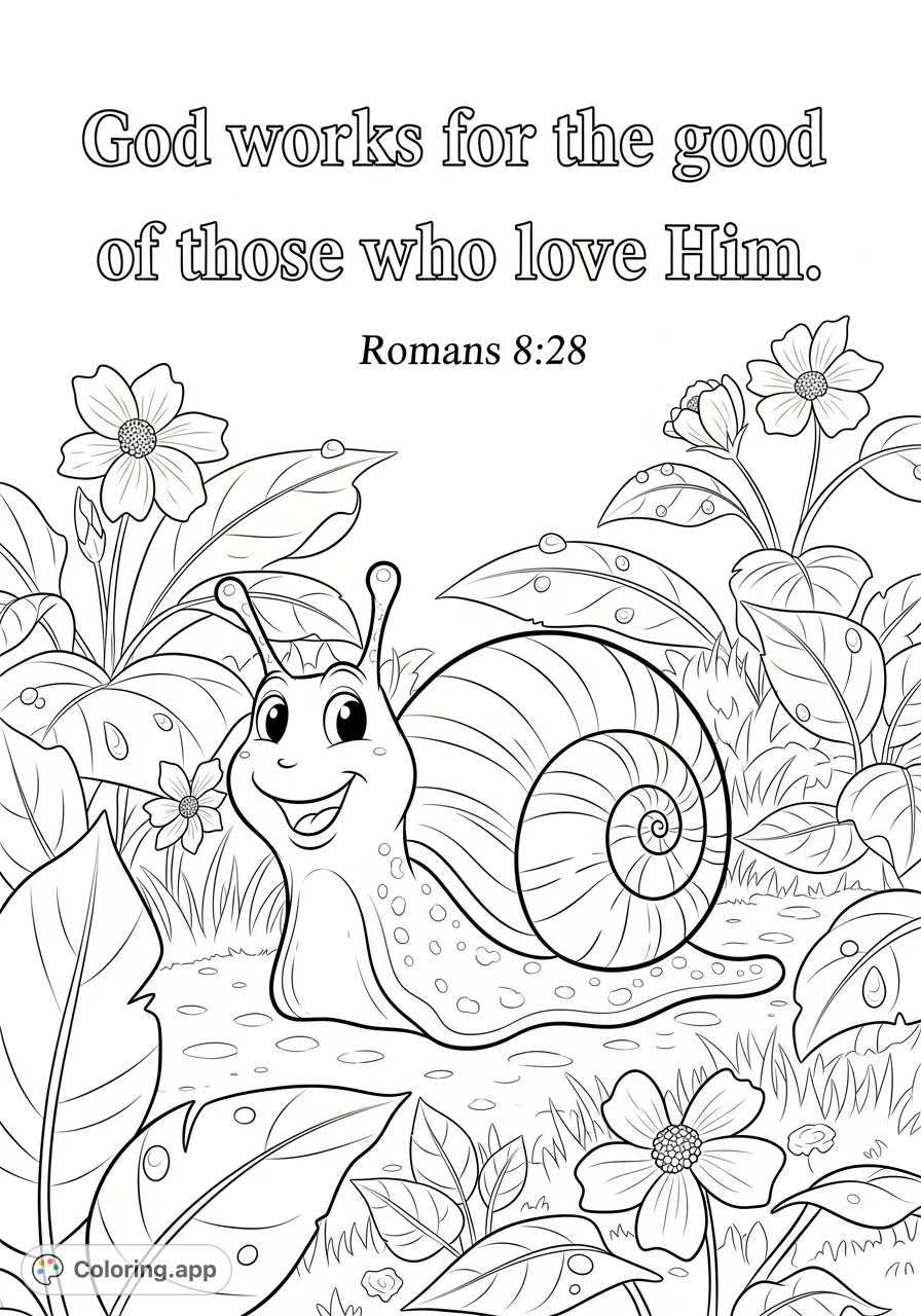 A charming cartoon snail smiles amidst garden foliage, featuring an uplifting scripture verse for a peaceful, faith-inspired coloring experience.