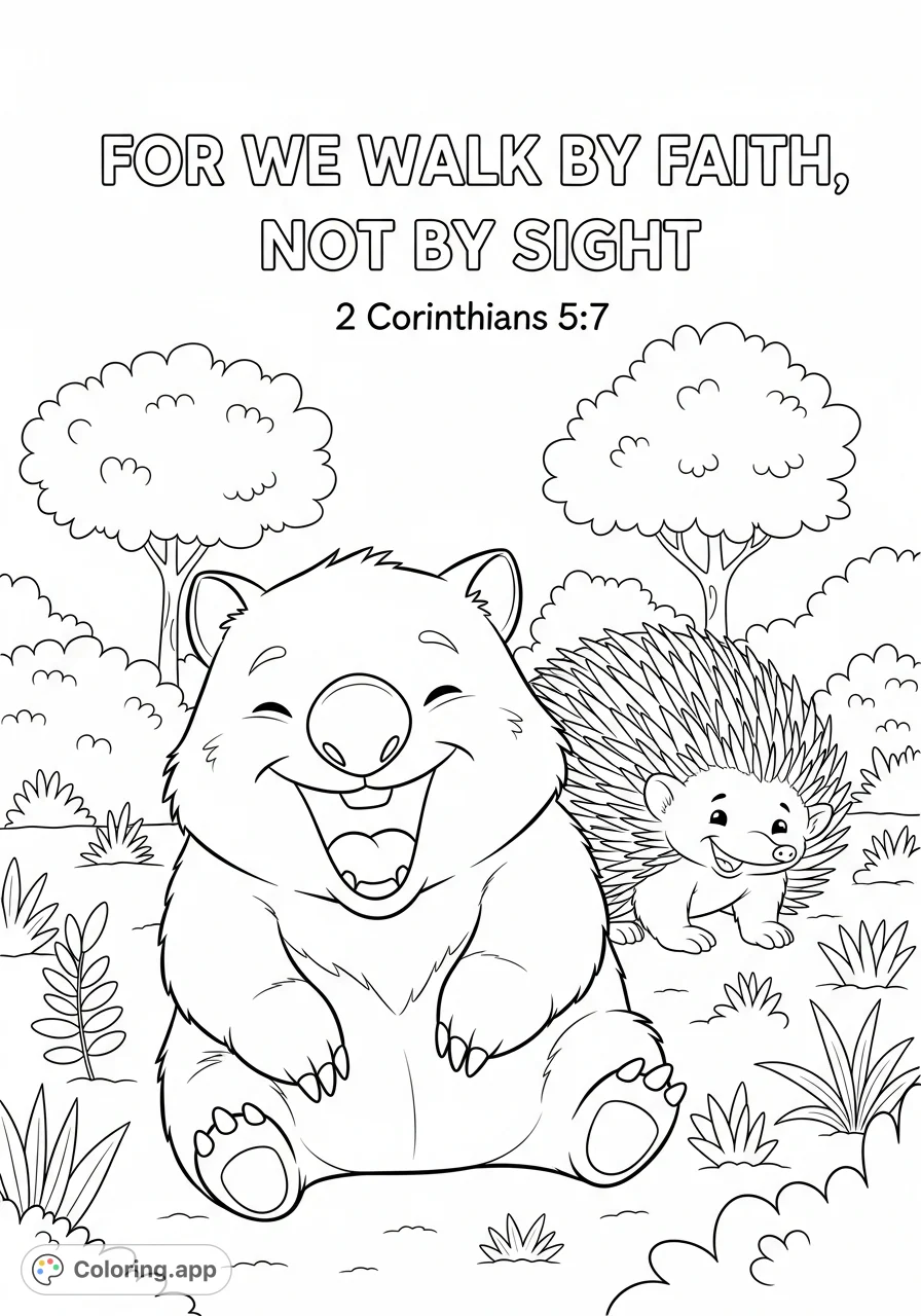 A heartwarming coloring page featuring a laughing wombat and a smiling echidna, with the inspiring quote 'For we walk by faith, not by sight'.