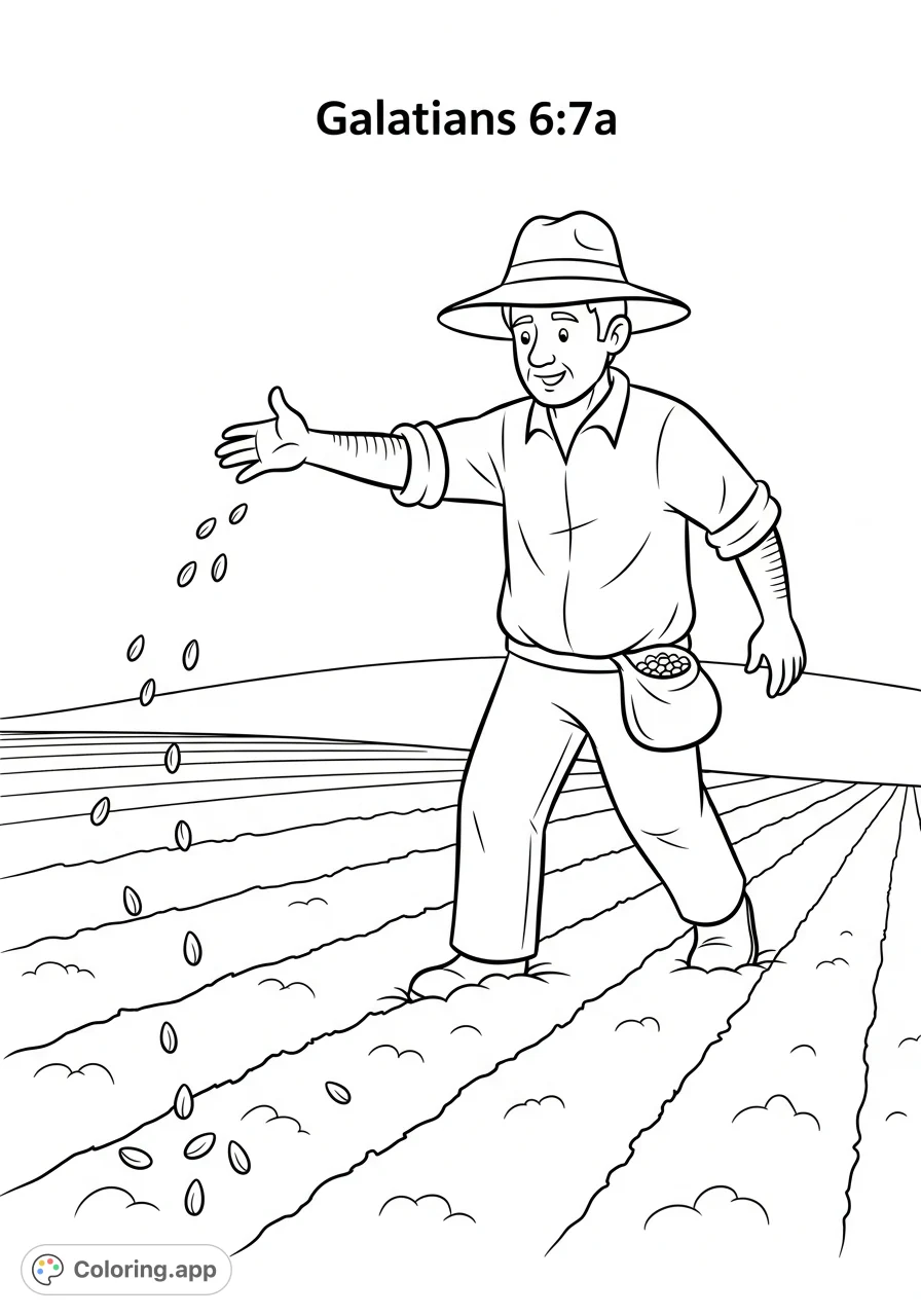 A cartoon farmer sows seeds in a field with "Galatians 6:7a" inscribed above, depicting the proverb "A man reaps what he sows...