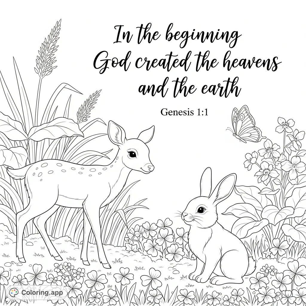 Discover a beautiful garden coloring page featuring smiling deer, rabbit, and butterfly, enhanced with inspiring scripture. A perfect blend of nature and reflection.
