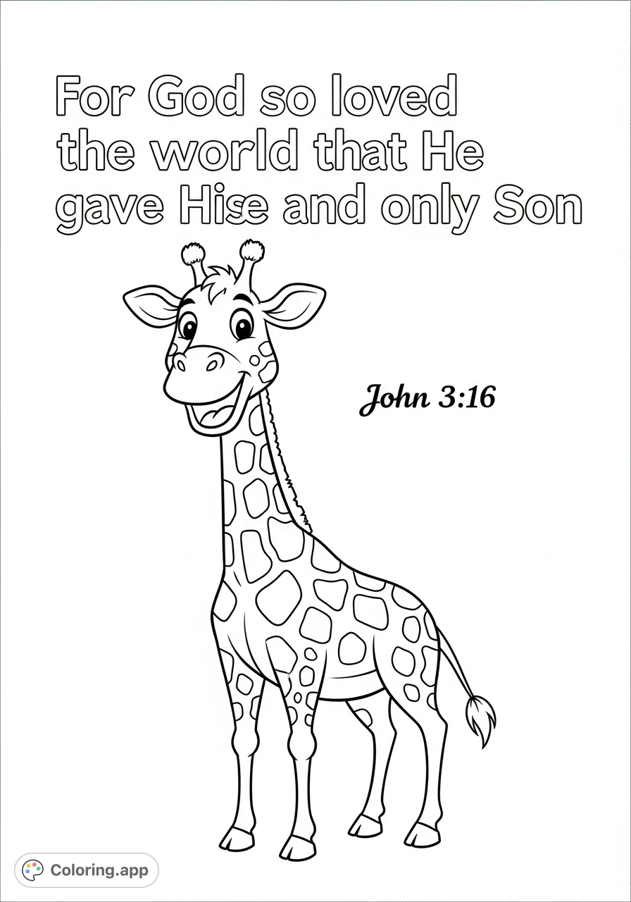 A heartwarming coloring page featuring a cheerful cartoon giraffe alongside the beloved Bible verse 'John 3:16' in clear, uplifting script.