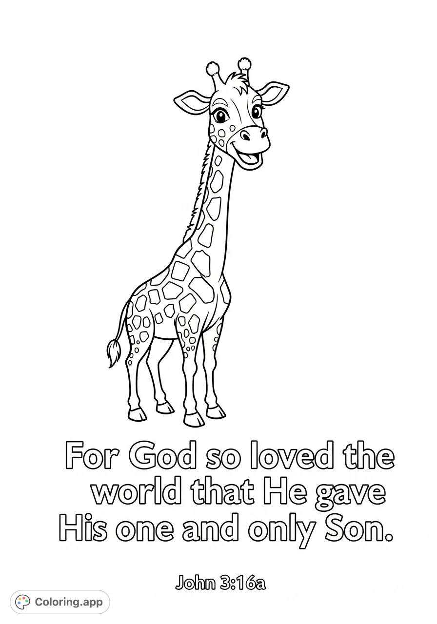 A delightful cartoon giraffe smiles alongside the inspiring scripture 'For God so loved the world that He gave His one and only Son. John 3:16a'.