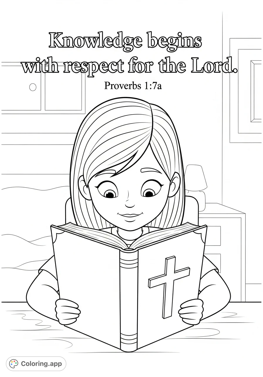 An inspiring free printable Christian coloring page featuring a cartoon girl reading a book with a cross, highlighting "Knowl...